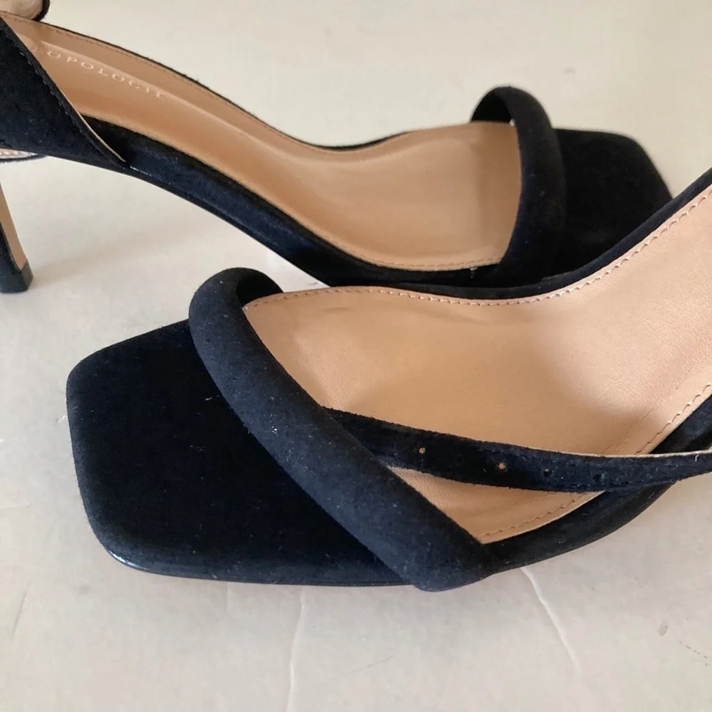 Anthropologie Square Toe Ankle Strap Black Suede Heels Sz 37